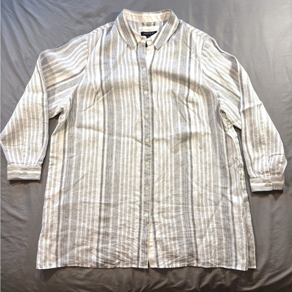 Lafayette 148 New York Gray & White Striped Linen Oversized Button Down Shirt 2X